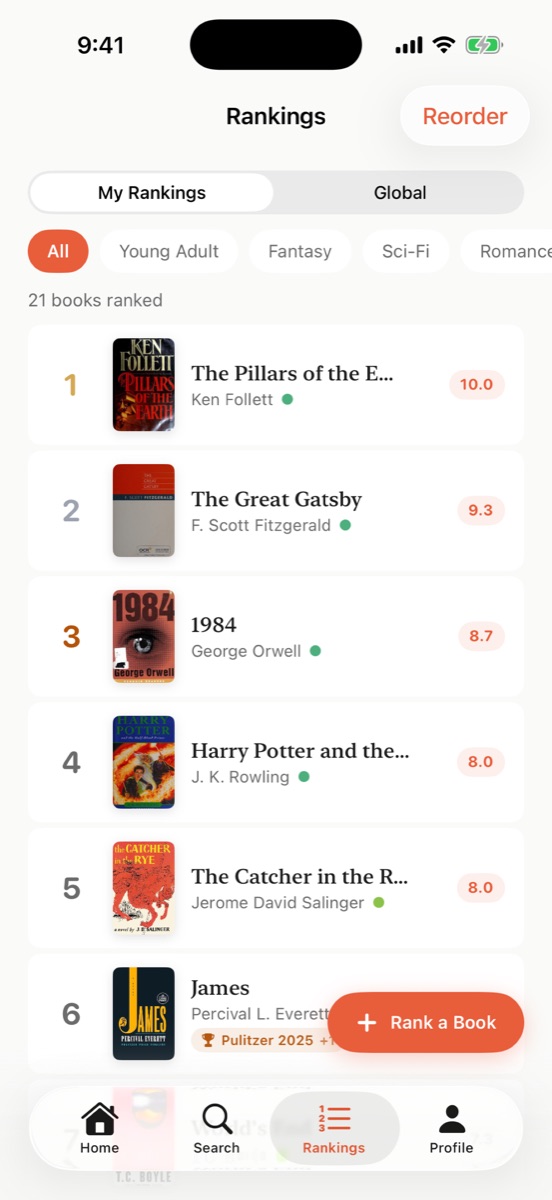 A ranked list of books, The Pillars of the Earth at number 1 with a score of 10.0