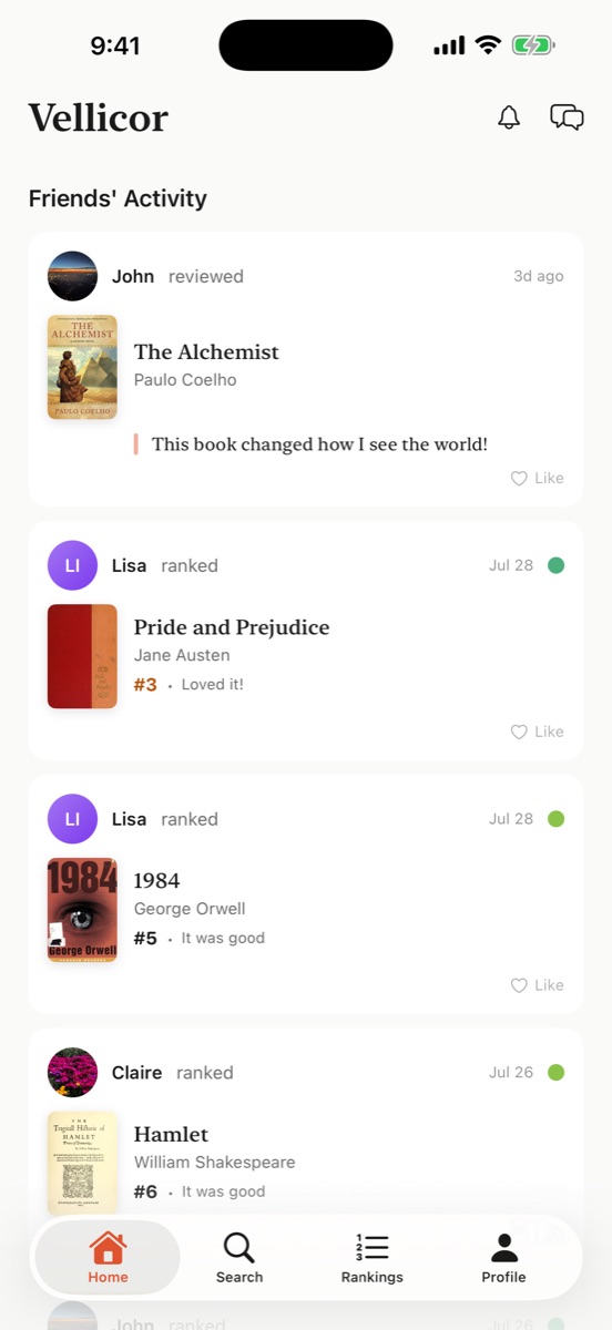 A friends activity feed showing rankings and reviews