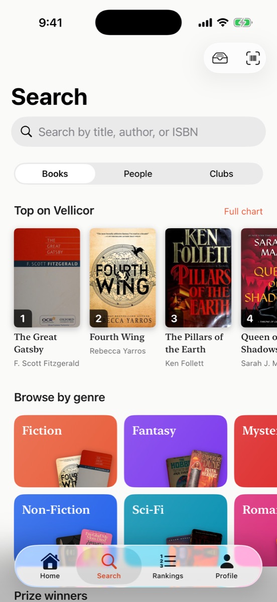 The Search page with the Top on Vellicor chart and genre tiles